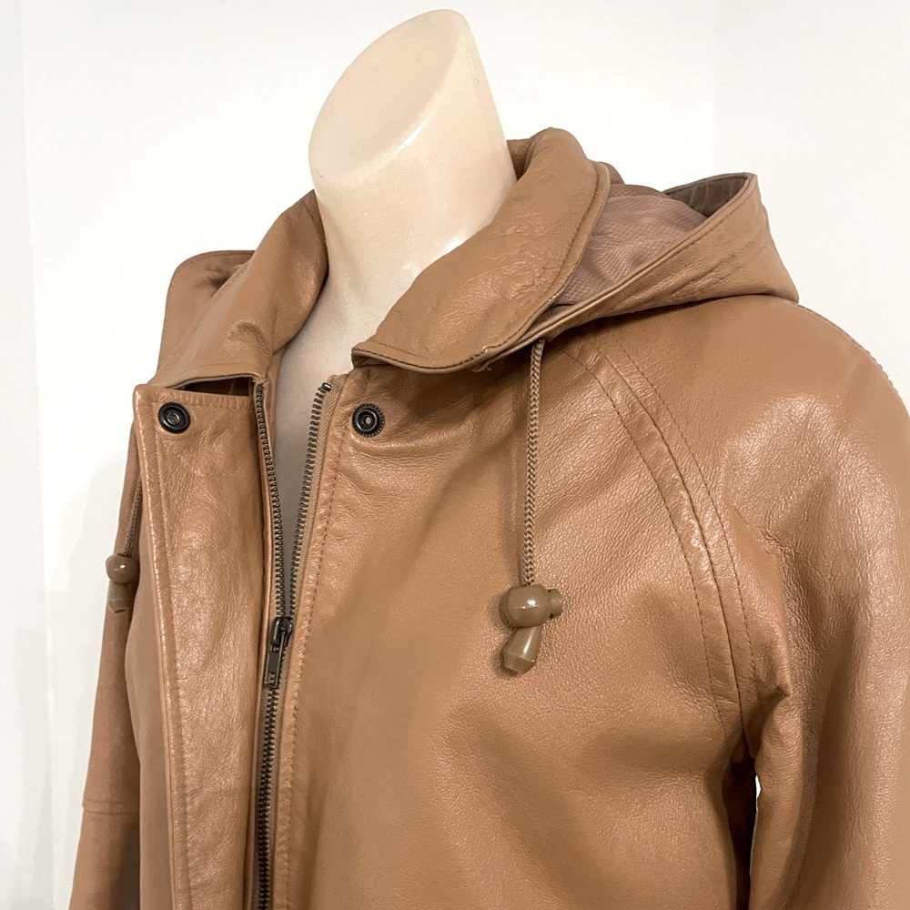 Phase Two Genuine Leather Insulated Trench Coat with Hood / camel brown / small - Picture 2 of 7